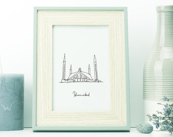 Moschea Faisal di Islamabad Stampa: Pakistan Landmark One Line Draw Wall Art (download digitale)