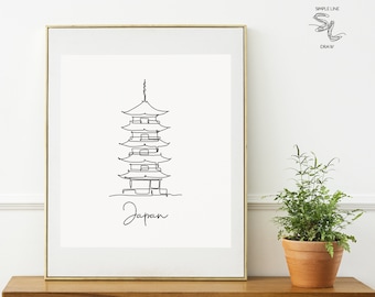 Chureito Pagoda Print: Japan Travel Poster, Minimalist Single Line Draw Art (Digital Download)