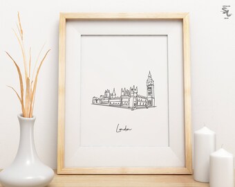 Stampa della House of Parliament di Londra: disegno minimalista con una sola linea (download digitale)