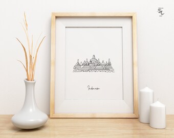 Borobudur Java Print: One Line Art Travel Poster (Digital Download)