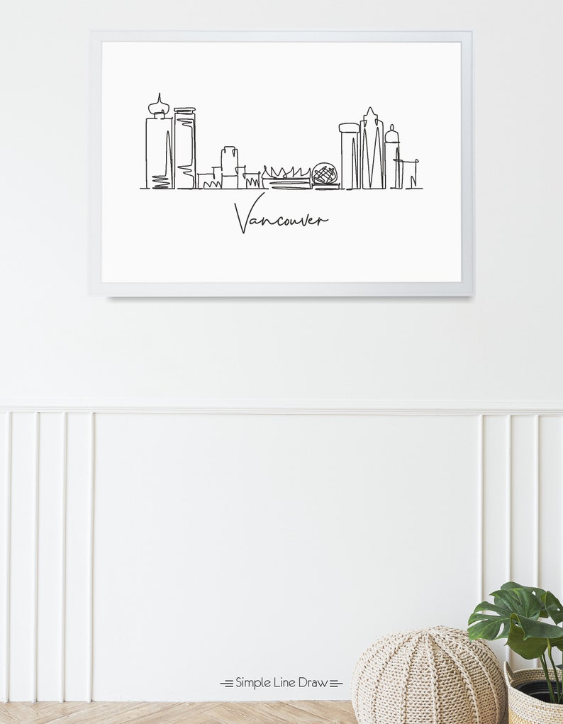 Puede incluir: Un dibujo en blanco y negro de la l&iacute;nea del horizonte de Vancouver, con la palabra "Vancouver" escrita debajo de la l&iacute;nea del horizonte.