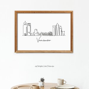 Puede incluir: Un dibujo en blanco y negro de la l&iacute;nea del horizonte de Vancouver enmarcado. El dibujo est&aacute; en un estilo de l&iacute;nea simple e incluye el texto "Vancouver". El marco es de madera marr&oacute;n.