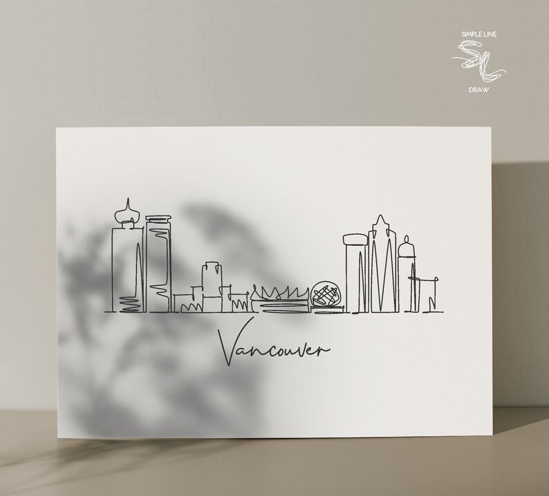 Puede incluir: Un dibujo de l&iacute;nea simple del horizonte de Vancouver, con edificios ic&oacute;nicos y el texto "Vancouver" debajo.