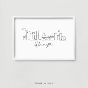 May include: A black and white line drawing of the Wilmington, North Carolina skyline. The drawing is simple and minimalist, with the city's most iconic buildings represented. The text "Wilmington" is written below the skyline.
