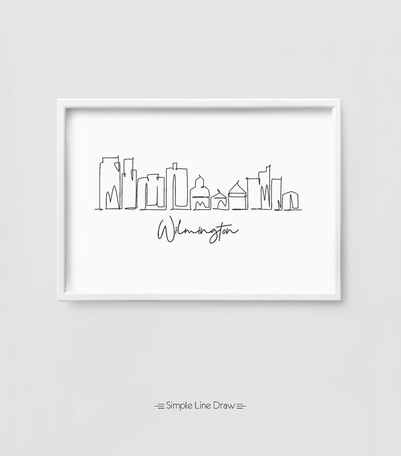 May include: A black and white line drawing of the Wilmington, North Carolina skyline. The drawing is simple and minimalist, with the city's most iconic buildings represented. The text "Wilmington" is written below the skyline.