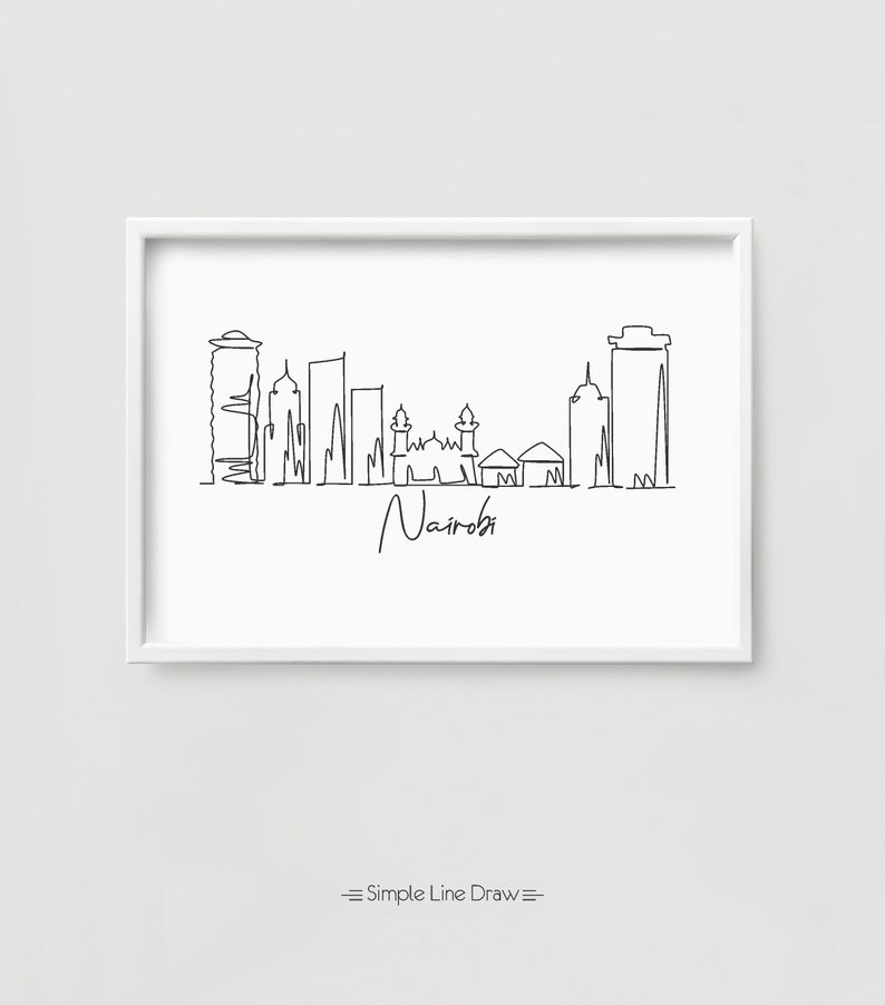Puede incluir: Un dibujo lineal minimalista enmarcado del horizonte de Nairobi en tinta negra sobre papel blanco. La palabra "Nairobi" est&aacute; escrita en cursiva debajo del horizonte. La frase "Simple Line Draw" est&aacute; escrita en la parte inferior.
