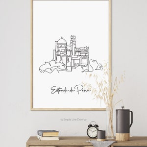 May include: A black and white line drawing of the Pena Palace in Sintra, Portugal. The drawing is on a white background with the text "Estrada da Pena" and "Simple Line Draw" below the drawing.