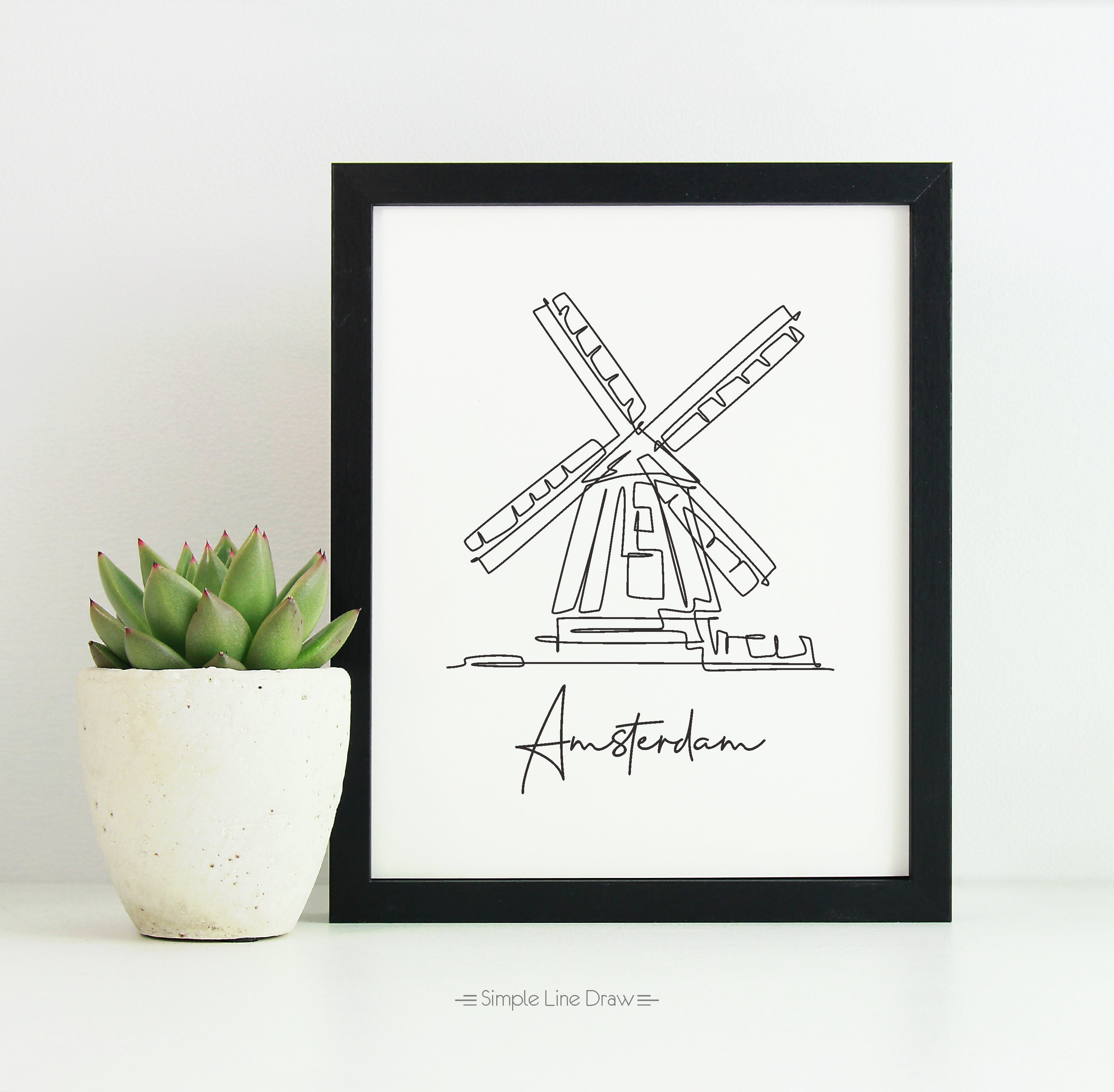 Amsterdam Windmill Print: Minimalist Single Line Draw Art (digital