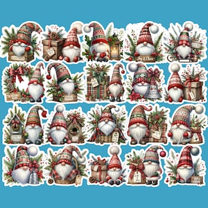May include: A collection of Christmas gnome stickers with red and green patterned hats, white beards, and festive decorations. Some gnomes hold gifts, bells, or signs with holiday greetings. The stickers are on a blue background.