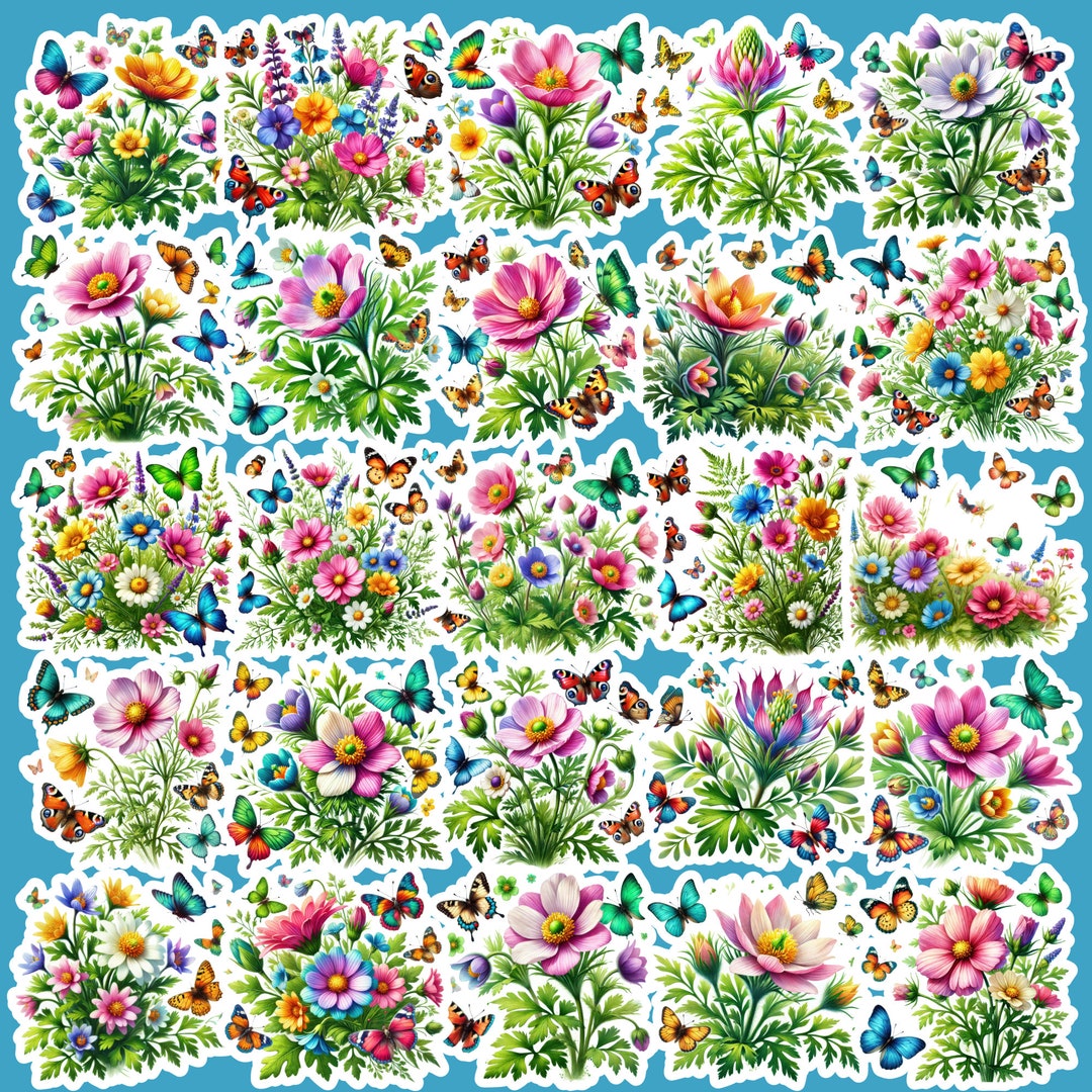 Flowers With Butterflies Stickers, Floral, Sticker Pack, Butterflies - Etsy