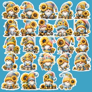 May include: A set of 24 colorful stickers featuring gnomes with sunflowers. Each sticker has a gnome wearing a different colored hat and holding a sunflower.