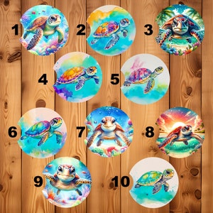 May include: Ten colorful round coasters featuring a variety of sea turtles with different backgrounds. The coasters are numbered 1 through 10.