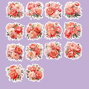 Coral Peony Stickers, Flowers, Peonies, Sticker Pack