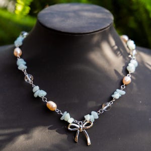 Bow Necklace, Freshwater pearls and Gemstones
