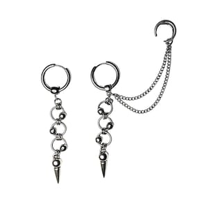 SPIRAL Silver dangle Earring hoops stainless steel and chained huggie | aesthetic earrings | Stainless Steel jewelry | drop chains