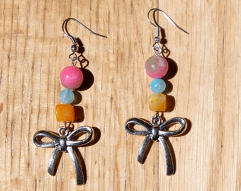 BOW earrings in silver with gemstone beads and bow charm pendant