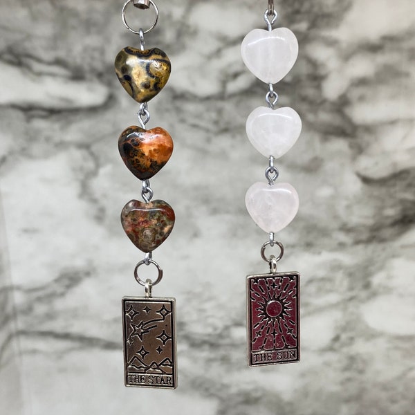 Heart crystal bead tarot card phone charm | rose quartz | leopard jasper | the star | the moon | phone accessory