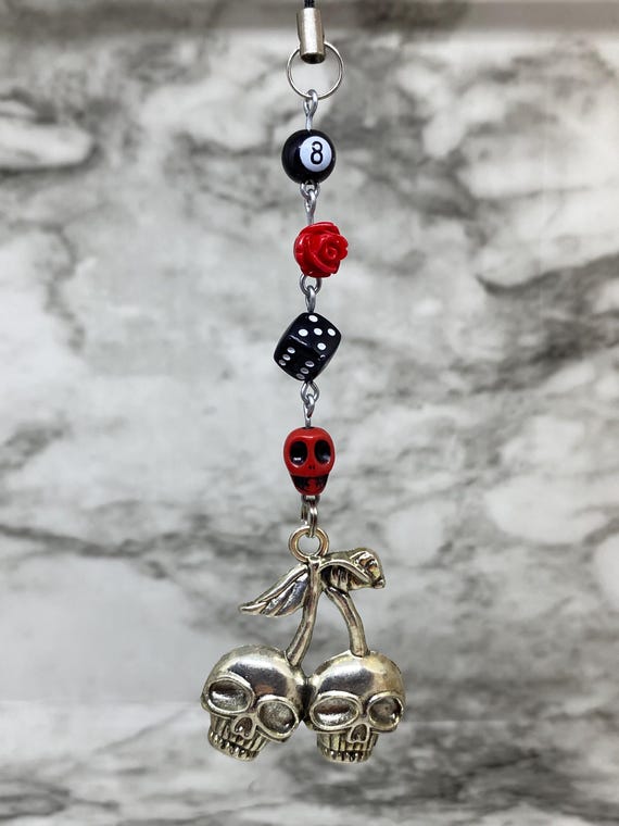 Silver Skull Cherries Phone Charm | Y2K Phone Charm | Phone Accessory | Dice Phone Charm | 8 Ball | Skull Phone Charm