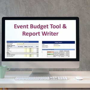 May include: A computer screen displaying a spreadsheet program with the title "Event Budget Tool & Report Writer". The spreadsheet is divided into two sections: "Budget Planner & Projected Profit/Loss" and "Budget Report".