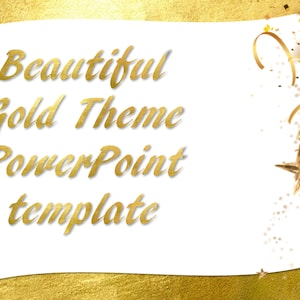 Könnte beinhalten: Eine goldene PowerPoint-Vorlage mit dem Text "Beautiful Gold Theme PowerPoint template" und einem goldenen Stern mit Konfetti im Hintergrund.