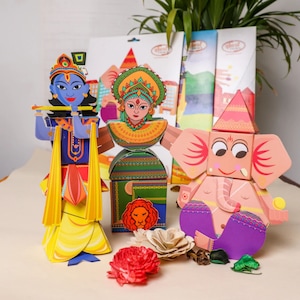 Kit de bricolage dieu hindou pour enfants | Kits d'artisanat d'art traditionnel Desi | kit origami krishna durga et ganesh | découpes de fête festive origami Diwali