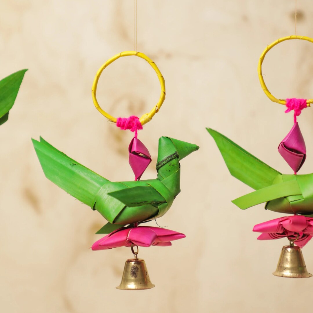 Palm Leaf Parrots With Brass Bell, Indian Wall Hanging, Pooja Backdrop