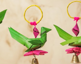 Palm Leaf Parrots with Brass Bell, Indian Wall Hanging, Pooja Backdrop Decor, Palm leaves, House warming decor, haldi mehendi decorations