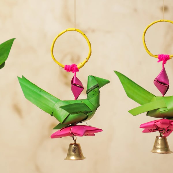 Palm Leaf Parrots with Brass Bell, Indian Wall Hanging, Pooja Backdrop Decor, Palm leaves, House warming decor, haldi mehendi decorations