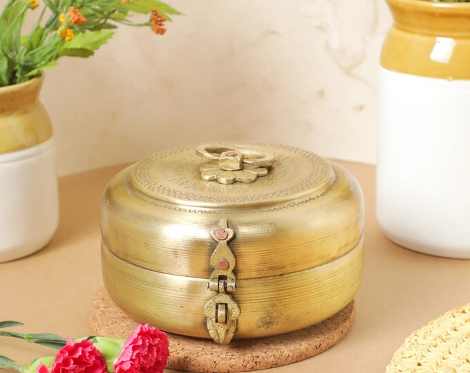 Vintage Brass Chapati Box, Jewelry Box, Indian Bread Box, Hand Engraved