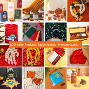 May include: A collage of images showcasing a variety of Indian products, including clothing, home decor, jewelry, and food items. The text "600+ Indian Products | Budget friendly | Premium Quality" is displayed in the center of the collage.