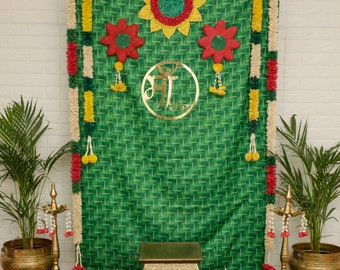 Fondo de hojas de coco, fondo de tela, fondo para Pooja, decoración para Pooja, fondo indio, decoración para Diwali, decoración india para inauguración de casa