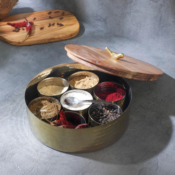 Indisk handgjord kryddlåda, köksförvaringsbehållare Indisk krydda/Masala-låda/Förvaringslåda/Rund kryddask, Låda för torr frukt, chapati roti-låda,