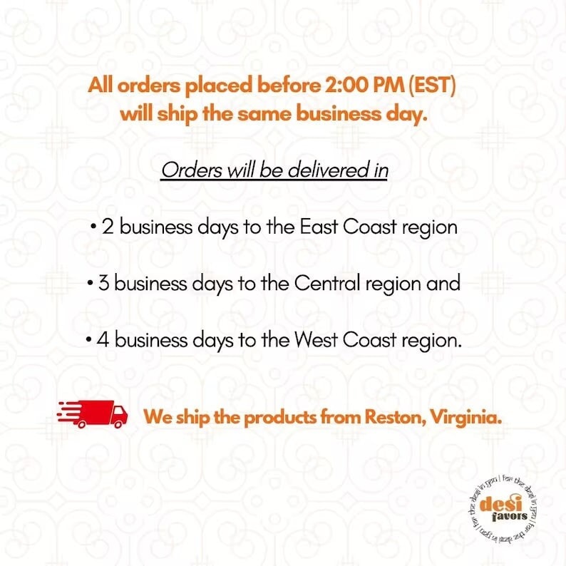 以下が含まれることがあります： 「All orders placed before 2:00 PM (EST) will ship the same business day.」というテキストグラフィック。  「Orders will be delivered in」というテキストグラフィックに続いて、3つの箇条書きがあります。「2 business days to the East Coast region」、「3 business days to the Central region and」、「4 business days to the West Coast region」。  「We ship the products from Reston, Virginia.」というテキストグラフィック。  白い稲妻が描かれた赤いトラックのアイコン。
