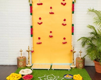 Kit de telón de fondo de decoración floral india Pooja de 6 pies x 7 pies, telón de fondo de inauguración de la casa, telón de fondo de boda tradicional, telón de fondo de Puja, decoración de Diwali.