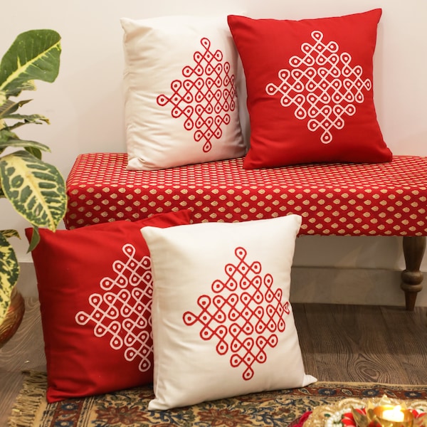 Traditional Kolam Printed Cotton Cushion Cover,16X16 Indian Muggu Pillowcase, Ethnic Rangoli Designs Throw Pillow Covers for Desi Home Decor