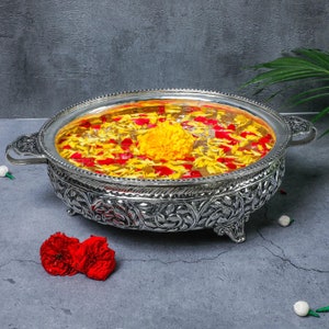 Urli grande de plata alemana, cuenco grande para urli, juego de urli para decoración de Diwali, urli decorativo para velas flotantes, urli para decoración Haldi del hogar.