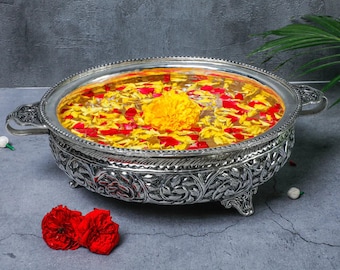 Grote Duitse zilveren Urli, grote Urli Bowl, Urli Set voor Diwali Decoratie, Decoratieve Urli voor Drijvende Kaars, Urli voor Home Haldi decor,