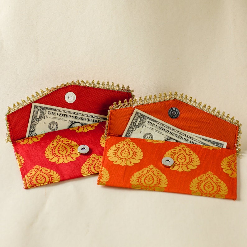 Set Of 3 Money Envelopes Shagun Lifafa Handmade Fabric Indian Traditional Diwali Decoration Brocade Money Cash Gifts Envelope Wedding Housewarming Card Tip Fancy Money Holder Bag (Size-8"x4")(Red - View #9