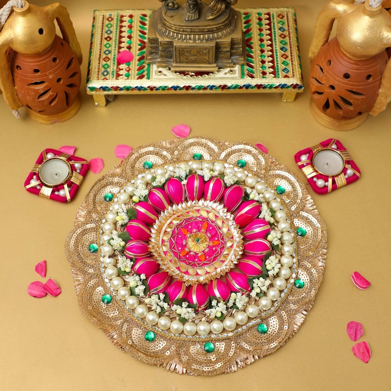 Pearl & Kundan Work Rangoli Mat with Tealight Holders, Diwali Decorations, Wedding Decor, Navratri Varalaxmi Pooja Return Gift, Diwali Gift