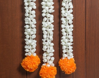 6 Ft Ringelblumen hängende Girlanden für Diwali Dekoration, Mogra Jasmin künstliche Girlanden für Pooja Hintergrunddekoration, indisches Hochzeitsdekor