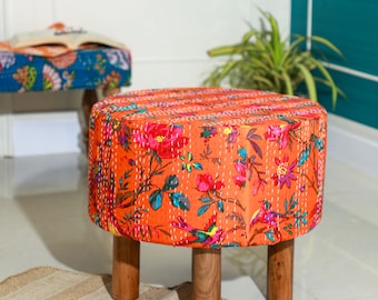 Vintage kantha and Wood Stool, Traditional  Footstool, Cotton Pouffe Ottoman, Indian Handmade Pouffe Embroidered Footstool, Ethnic bench