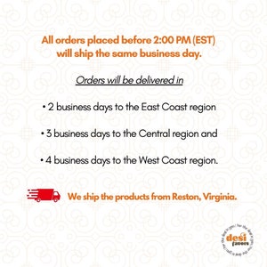 May include: Text on a white background with a brown patterned design. The text reads: "All orders placed before 2:00 PM (EST) will ship the same business day. Orders will be delivered in: 2 business days to the East Coast region, 3 business days to the Central region and 4 business days to the West Coast region. We ship the products from Reston, Virginia."