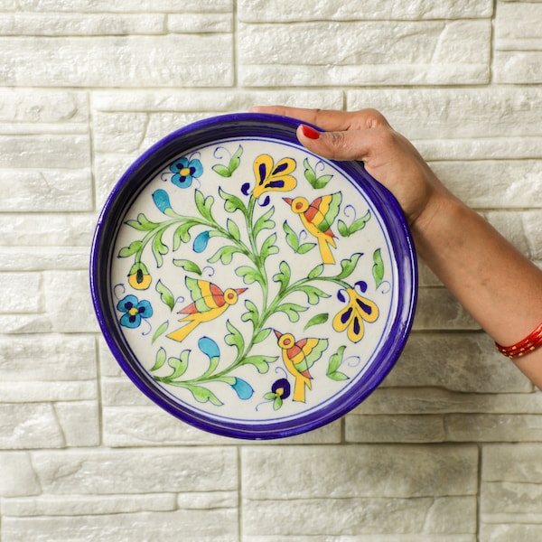 Handmade Round Ceramic Tray, Indian serving plates, Floral Hand Painted Serving Platter, Indian Tableware, Pooja Thali, Aarti Thali