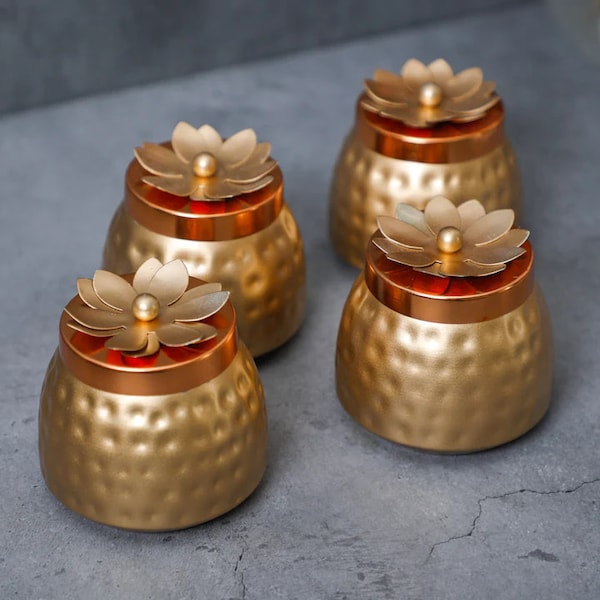 Gold Plated Hammered Jar with Lid, Housewarming Gift, Puja Return Gifts, indian return gift, Baby shower Gift, Serving Bowls, Dry Fruit Bowl