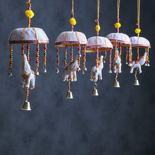 14'' Rajasthani Umbrella Elephant Hanging with Bell, Christmas Decor, Christmas Ornament, Wind Chimes, Holiday Decor, Xmas Tree decor