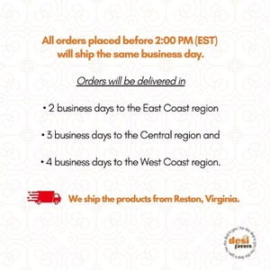 May include: Text graphic with the words "All orders placed before 2:00 PM (EST) will ship the same business day."  Text graphic with the words "Orders will be delivered in" followed by three bullet points: "2 business days to the East Coast region", "3 business days to the Central region and", "4 business days to the West Coast region."  Text graphic with the words "We ship the products from Reston, Virginia."  A red truck icon with a white lightning bolt.