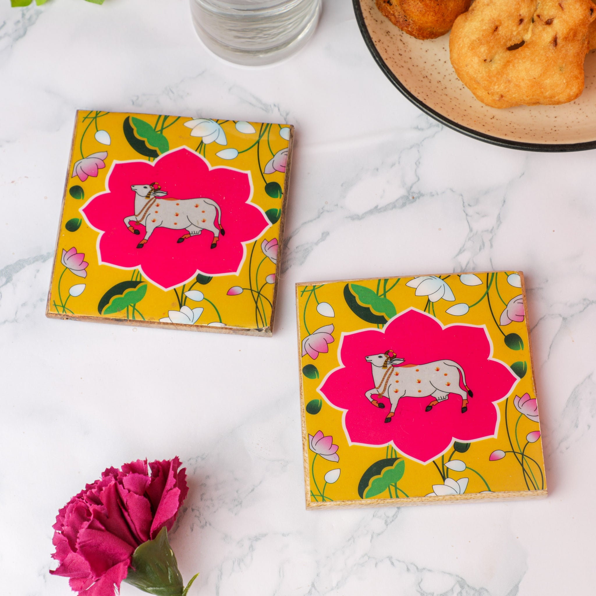 Traditional Indian Tray Coaster Set, Kamdhenu Tray and Coasters, Indian ...