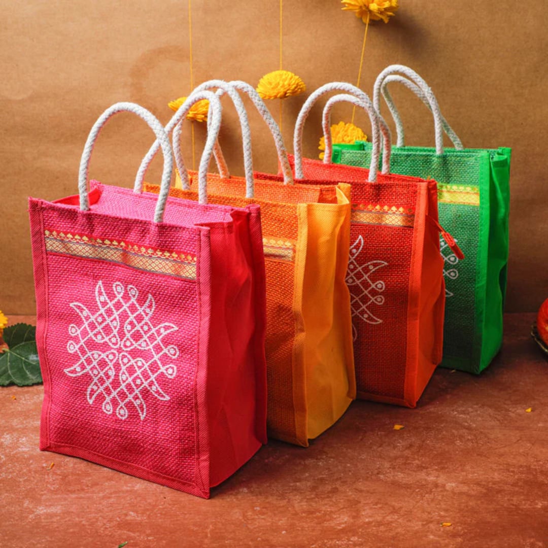Kolam Jute Bags, Indian Gift Bags, Colorful Bags for Indian Wedding
