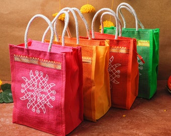 Kolam jute bags, Indian gift bags, Colorful bags for indian wedding favor, Diwali gifts bags, Pooja return gift, Indian Return gift bags