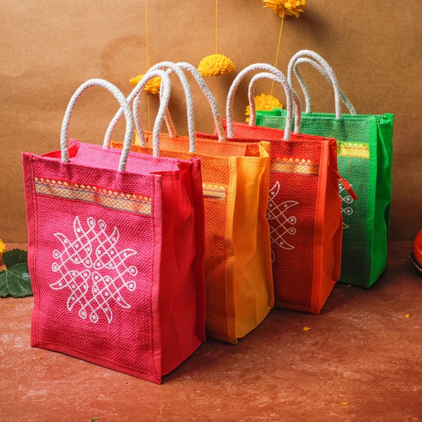 Kolam jute bags, Indian gift bags, Colorful bags for indian wedding favor, Diwali gifts bags, Pooja return gift, Indian Return gift bags